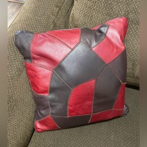1 Brown Burgundy Leather Print Patch Work Decorative Throw Pillows  15x15”